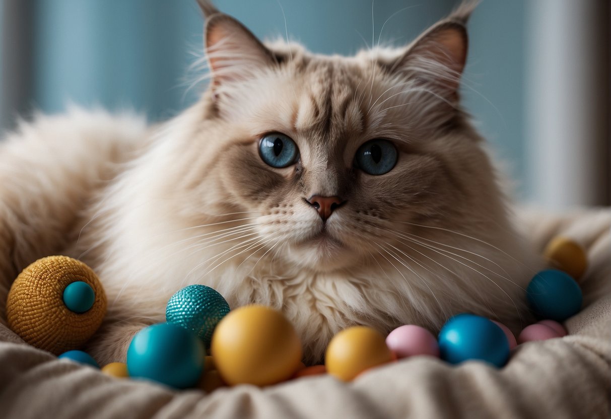 A Ragdoll cat lounges in a cozy bed, surrounded by toys and a scratching post. A bowl of fresh water and nutritious food sits nearby