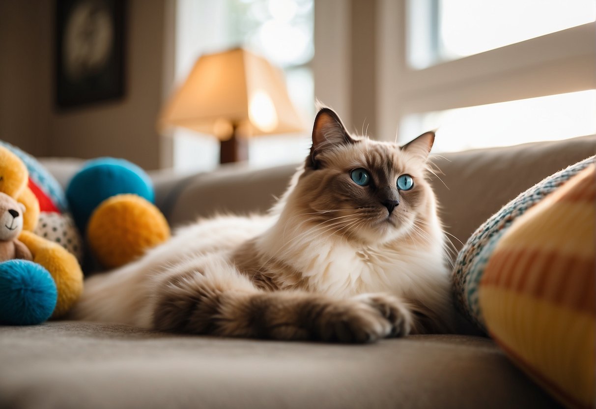 A ragdoll cat lounges in a cozy living room, surrounded by toys and a plush bed. A clock on the wall ticks away as sunlight streams through the window, casting a warm glow on the contented feline