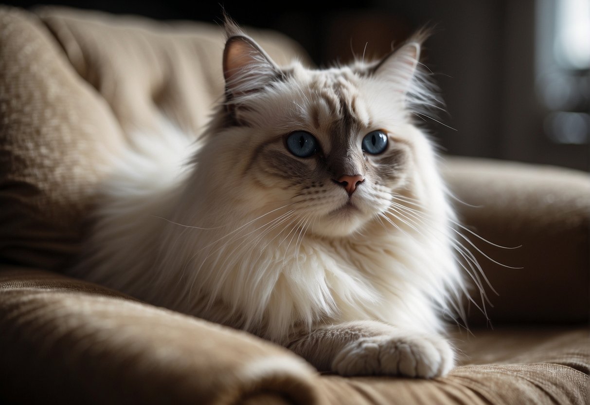 A fluffy ragdoll cat sheds its long fur, leaving a trail of white hair on a cozy armchair