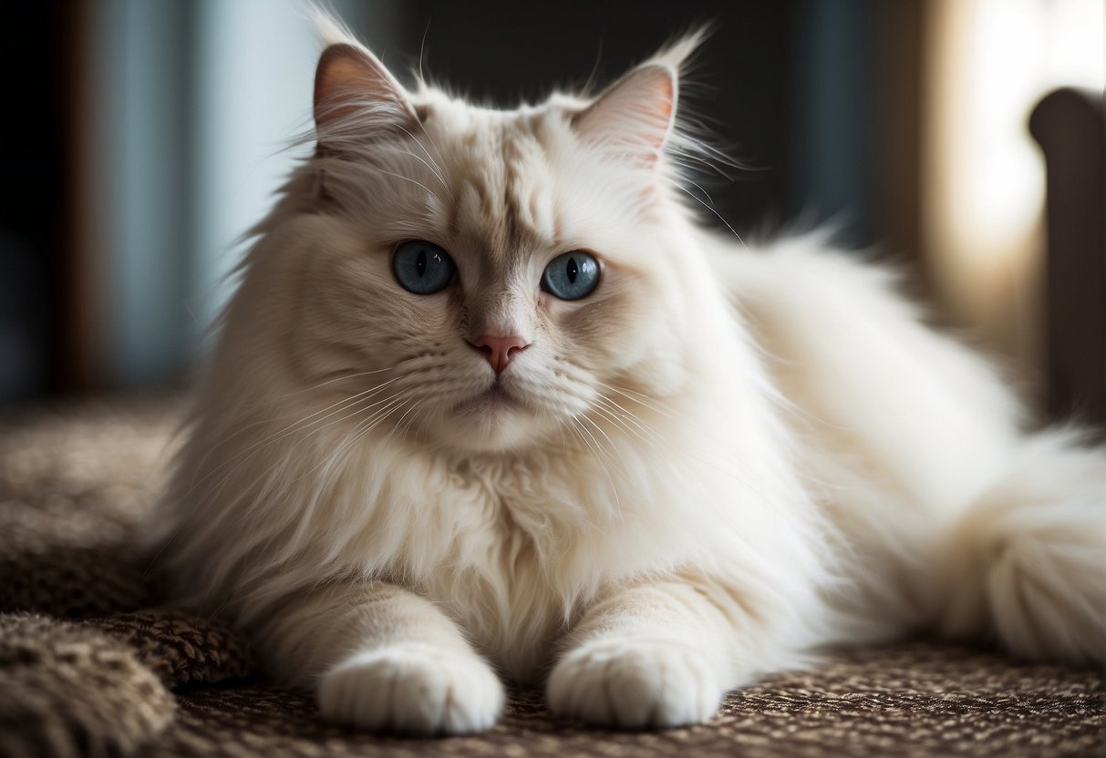 A fluffy ragdoll cat sheds its long white fur, leaving soft tufts on the carpet and furniture
