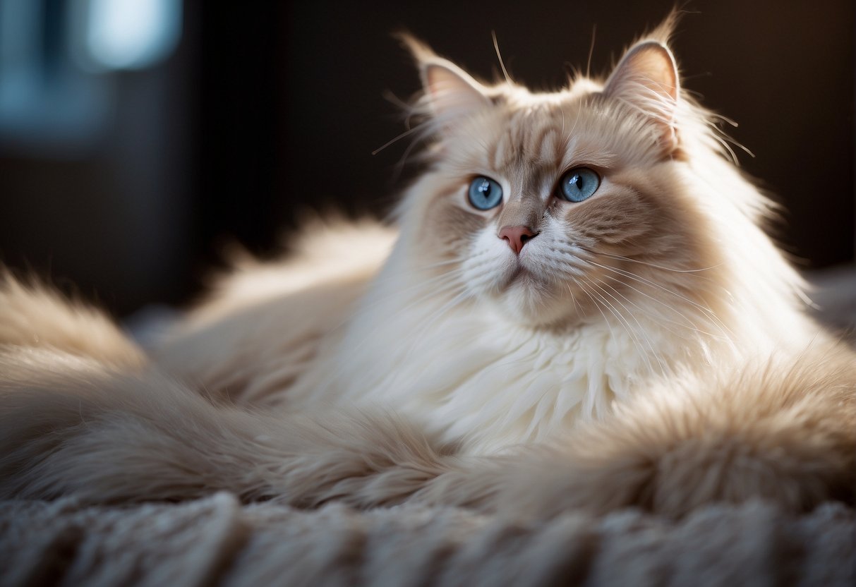 A fluffy ragdoll cat sits on a soft blanket, surrounded by floating tufts of fur. The cat's serene expression contrasts with the scattered fur, creating a sense of shedding