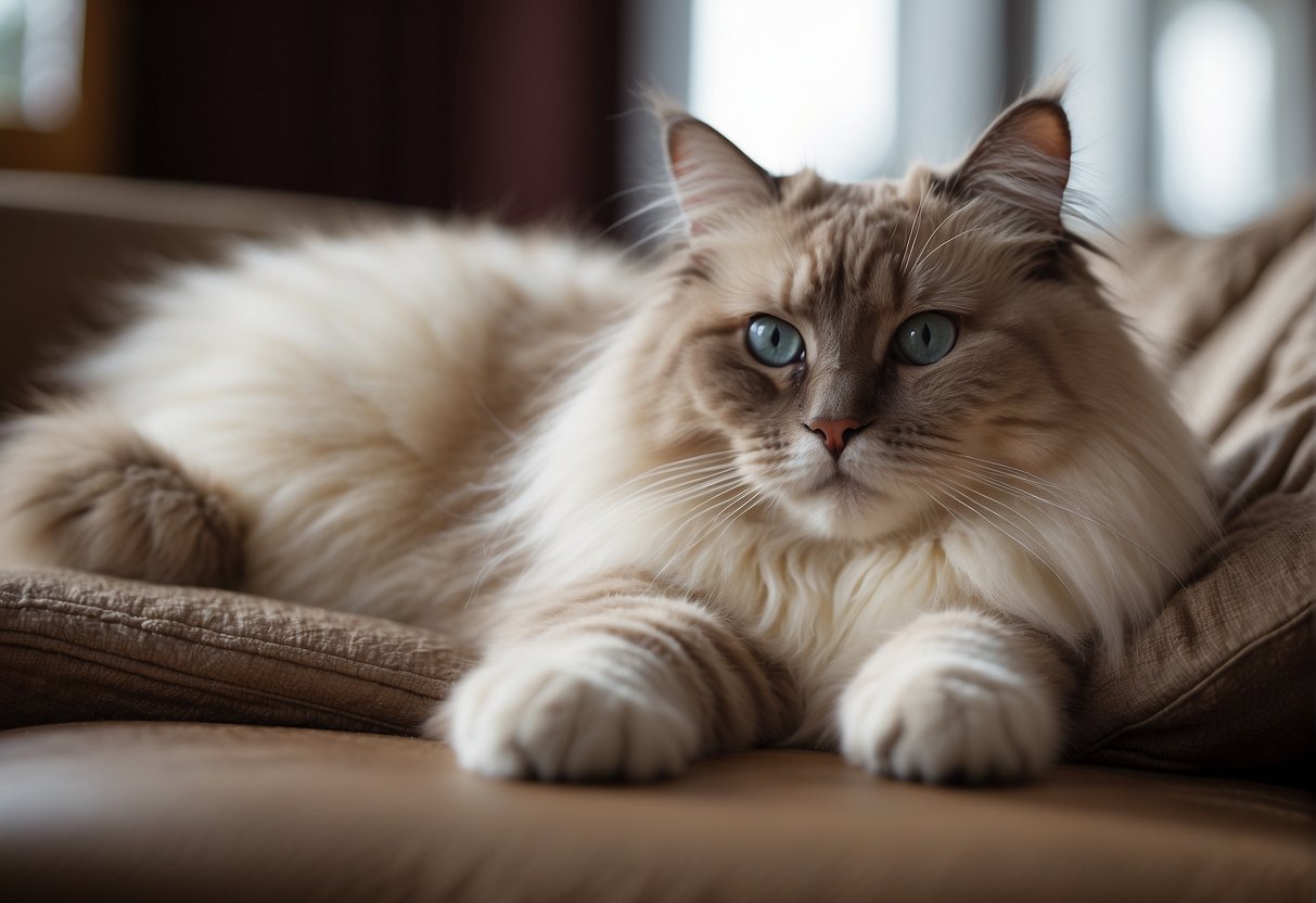 A large ragdoll cat lounges on a plush pillow, stretching out to show off its impressive size and fluffy fur