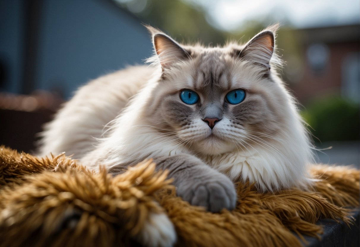 A large, fluffy Ragdoll cat lounges gracefully, with a broad head, striking blue eyes, and a substantial, muscular body