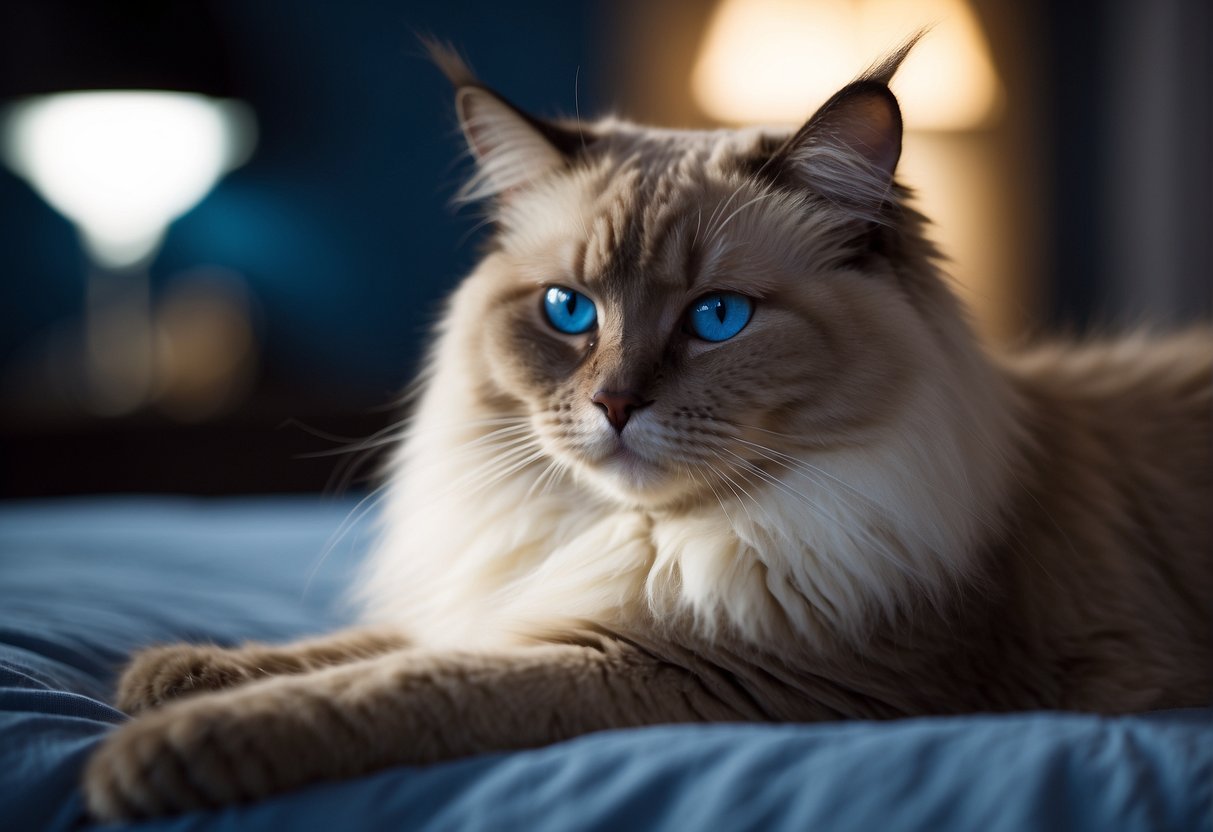 A large, fluffy ragdoll cat lounges on a cozy bed, its long fur flowing and its bright blue eyes staring off into the distance