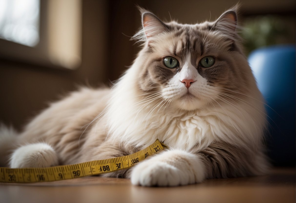 A large, fluffy ragdoll cat lounges next to a tape measure, showing its impressive size. Its calm expression and luxurious fur convey its gentle nature