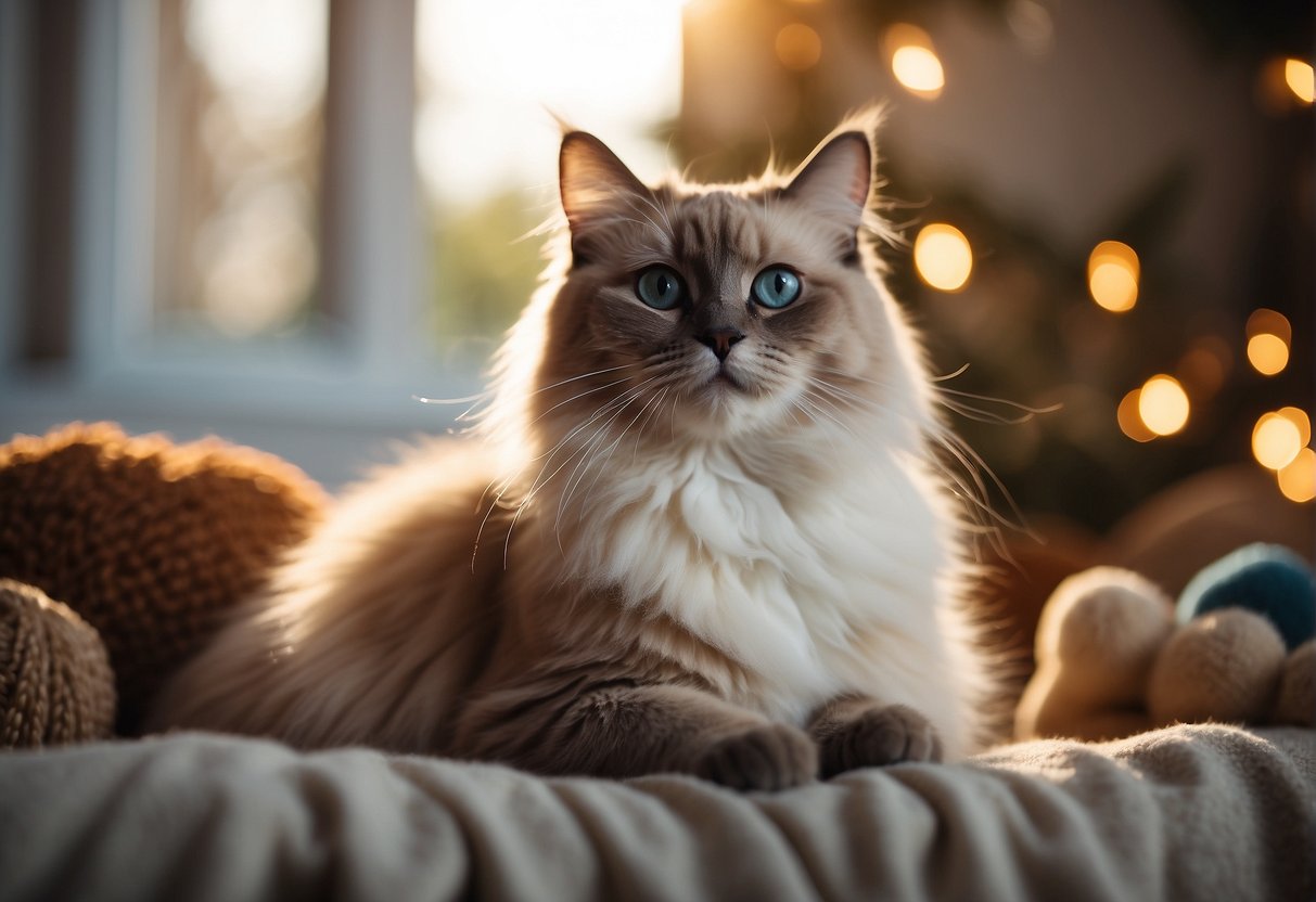 A ragdoll cat sits on a plush cushion, surrounded by toys and a cozy blanket. The sunlight streams through the window, casting a warm glow on the serene feline