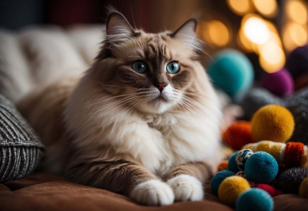 A ragdoll cat sits on a plush cushion, surrounded by toys and a cozy bed. A price tag is visible, indicating the cost of the cat