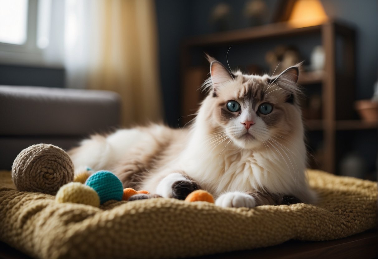 A ragdoll cat lounges on a cozy bed with toys scattered around. A litter box and food bowls sit nearby, while a scratching post and grooming tools are also visible