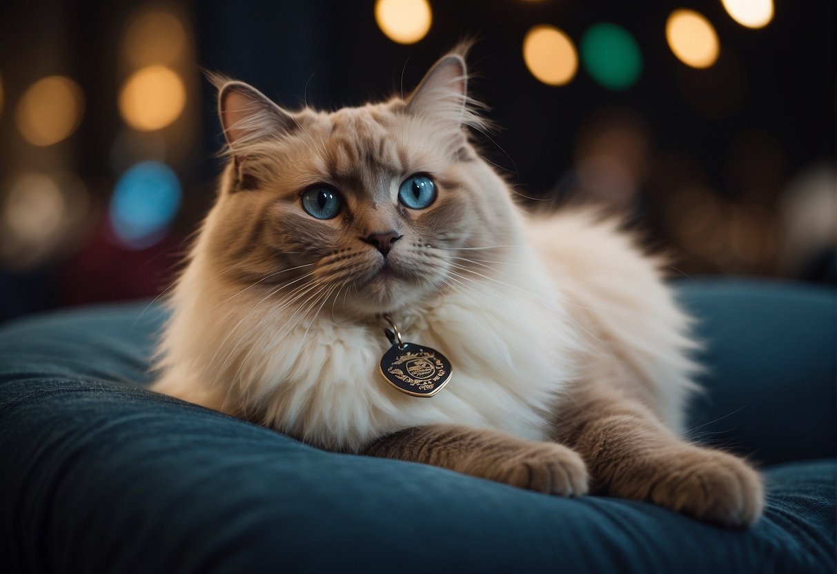 A ragdoll cat sits on a fluffy cushion, surrounded by curious onlookers. A price tag dangles from its collar, with a question mark hovering above