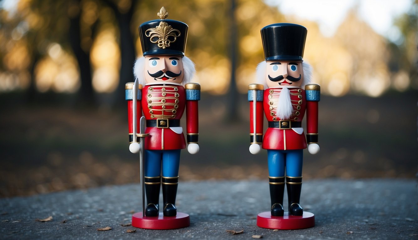 A nutcracker soldier stands tall, adorned in a red and blue uniform, holding a sword and standing at attention