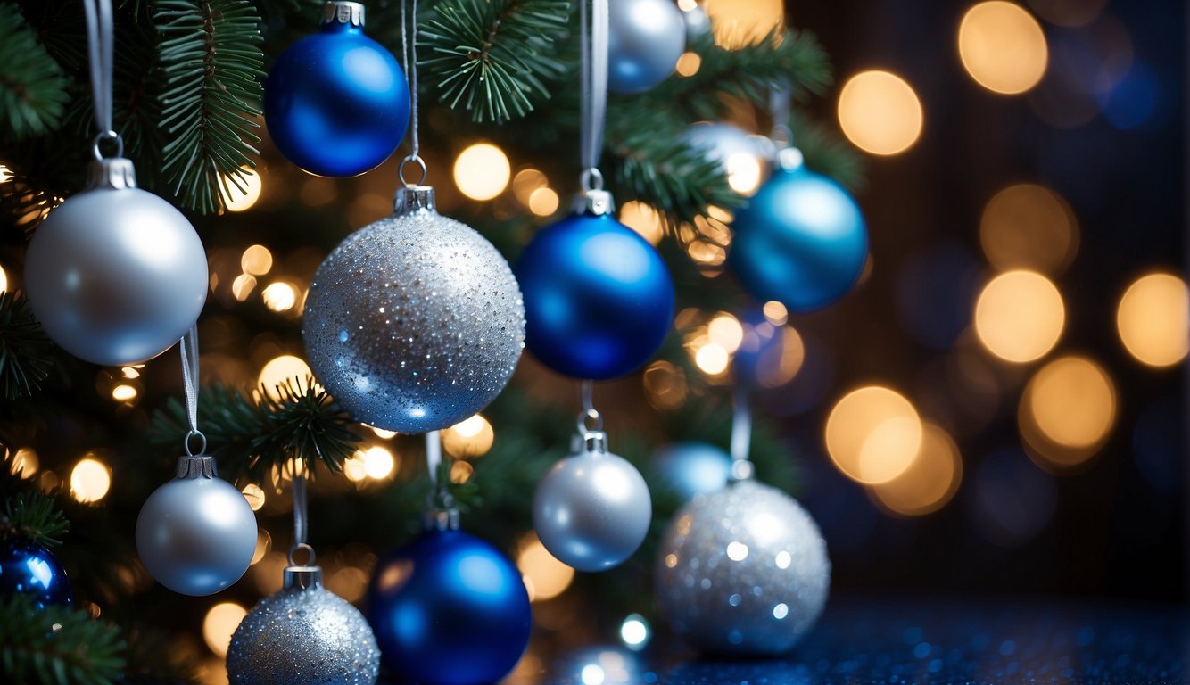 White Christmas tree adorned with silver and blue ornaments, twinkling lights, and shimmering tinsel. A star sits on top, with presents underneath