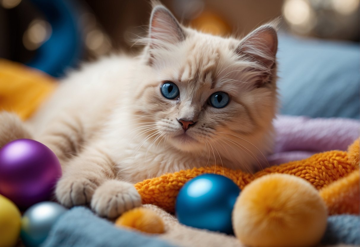 A ragdoll kitten lies on a soft blanket, surrounded by colorful toys and a price tag