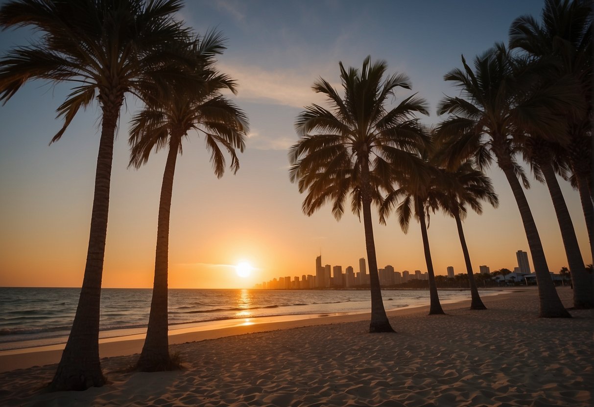 Palm trees sway in the warm breeze as the sun sets over a tranquil beach. A vibrant city skyline stands in the distance, offering a mix of urban and natural beauty for retirees in Florida