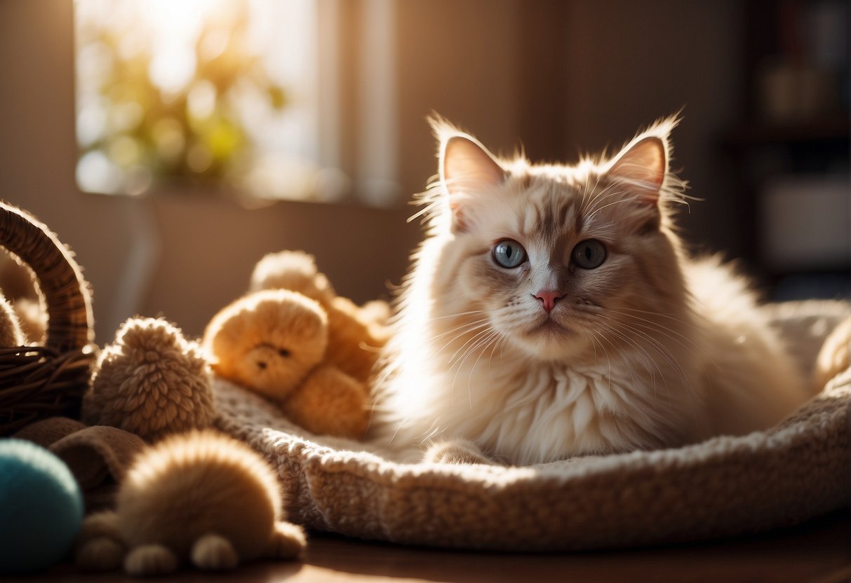 A fluffy ragdoll kitten sits in a cozy cat bed, surrounded by toys and a bowl of food. Sunlight streams in through a nearby window, casting a warm glow over the peaceful scene