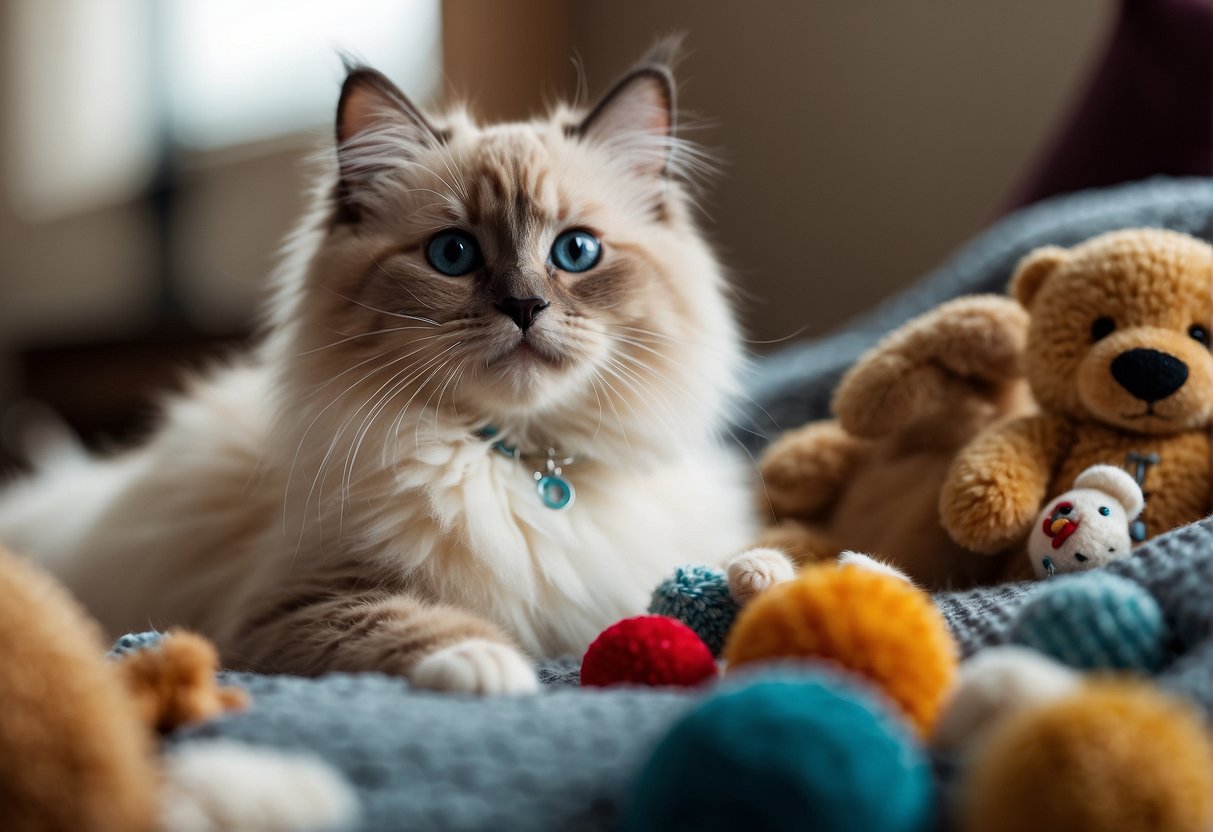 A ragdoll kitten sits on a plush bed, surrounded by toys and a cozy blanket. A price tag dangles from its collar