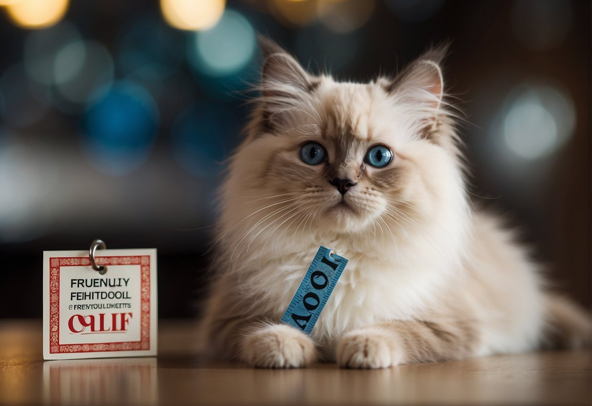 A fluffy ragdoll kitten sits next to a price tag with "Frequently Asked Questions: how much does a ragdoll kitten cost" written on it
