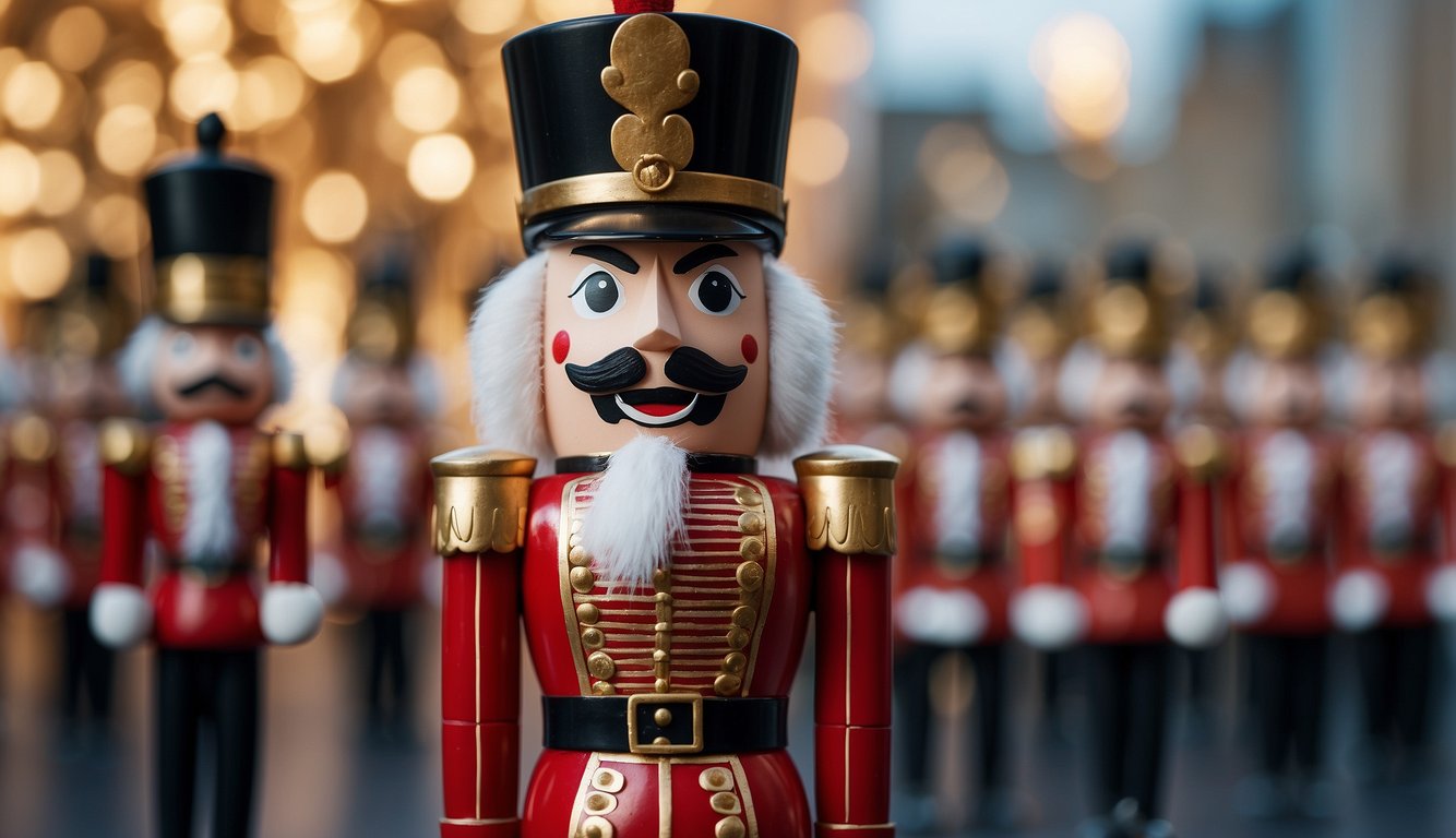 A nutcracker soldier stands tall, with a stern expression and a uniform adorned with intricate details. Its mouth is open, ready to crack open any nut in its path