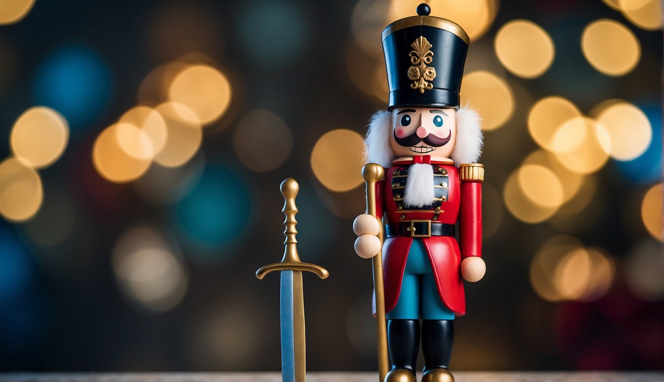 A nutcracker soldier stands tall, adorned in colorful uniform and holding a sword. It represents tradition, nostalgia, and the holiday season