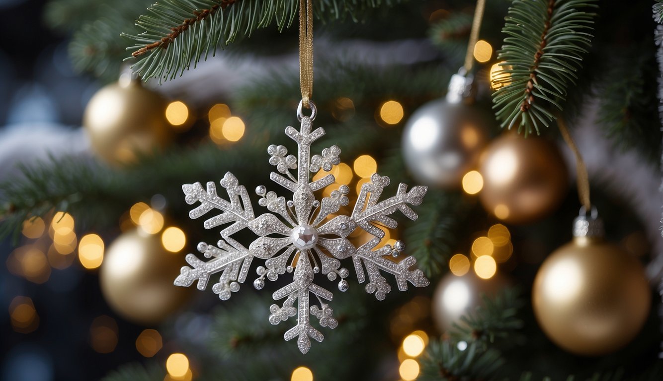 The white Christmas tree is adorned with sparkling silver and gold ornaments, shimmering tinsel, and delicate snowflake decorations