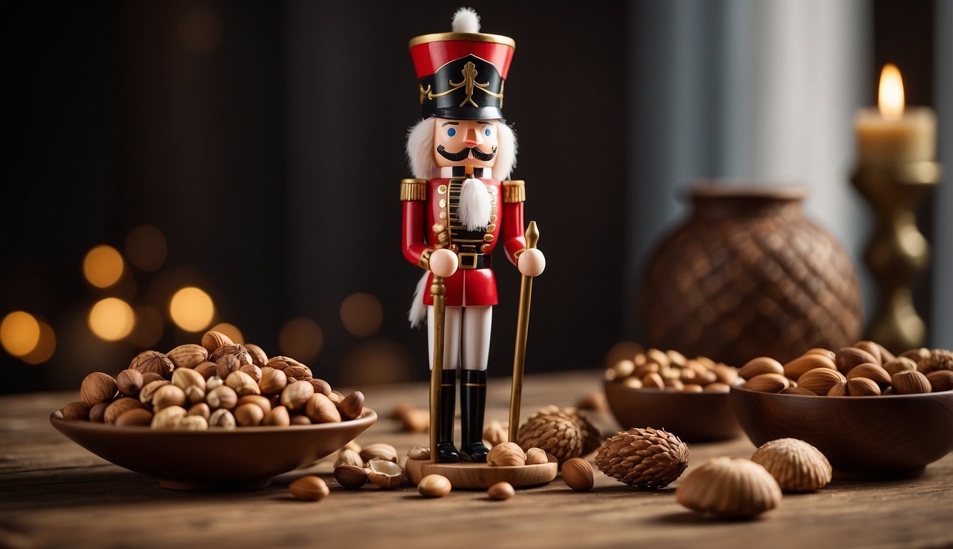 A nutcracker soldier stands tall on a wooden table, surrounded by carefully arranged nuts and a small bowl of cracked shells