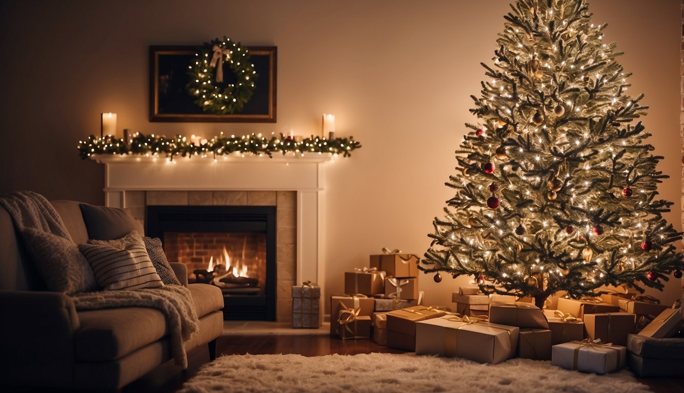 A flocked Christmas tree stands in a cozy living room, adorned with twinkling lights and colorful ornaments. A soft blanket of artificial snow covers the branches, creating a magical winter wonderland scene