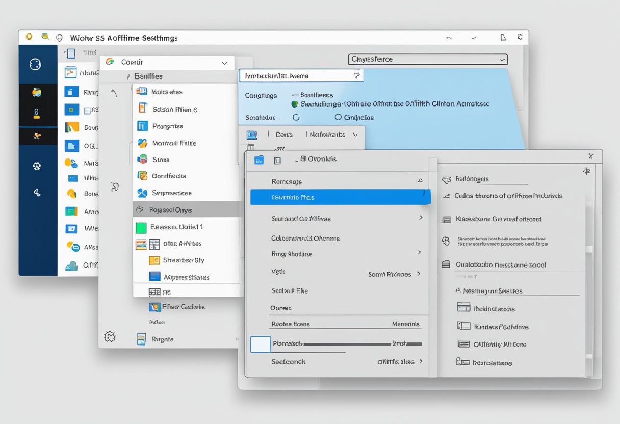Windows 11 interface with "Offline Files" settings open, showing options to enable or disable offline files