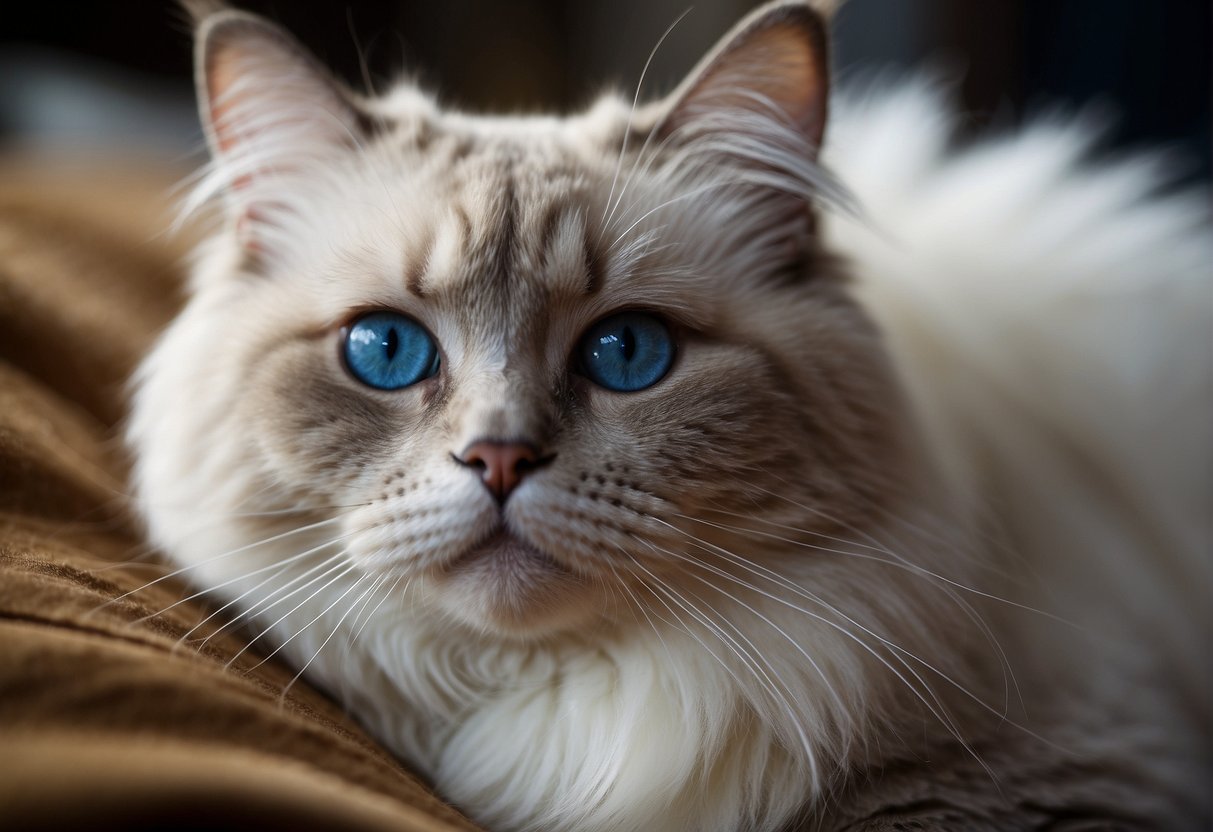 A fluffy ragdoll cat lounges on a soft cushion, with its long fur flowing and its bright blue eyes gazing off into the distance