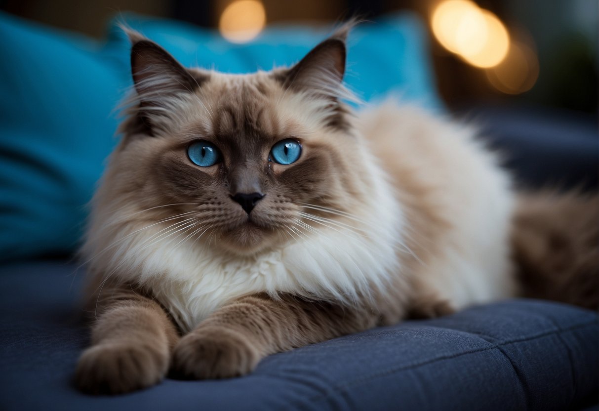 A fluffy, docile Ragdoll cat lounges regally on a plush cushion, with striking blue eyes and a semi-long, silky coat in various color points