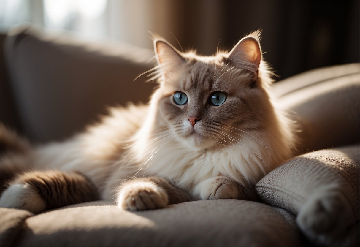 A Ragdoll cat lounges in a cozy, sunlit room, surrounded by soft toys and a plush bed. Its serene expression and relaxed posture exude a sense of calm and contentment