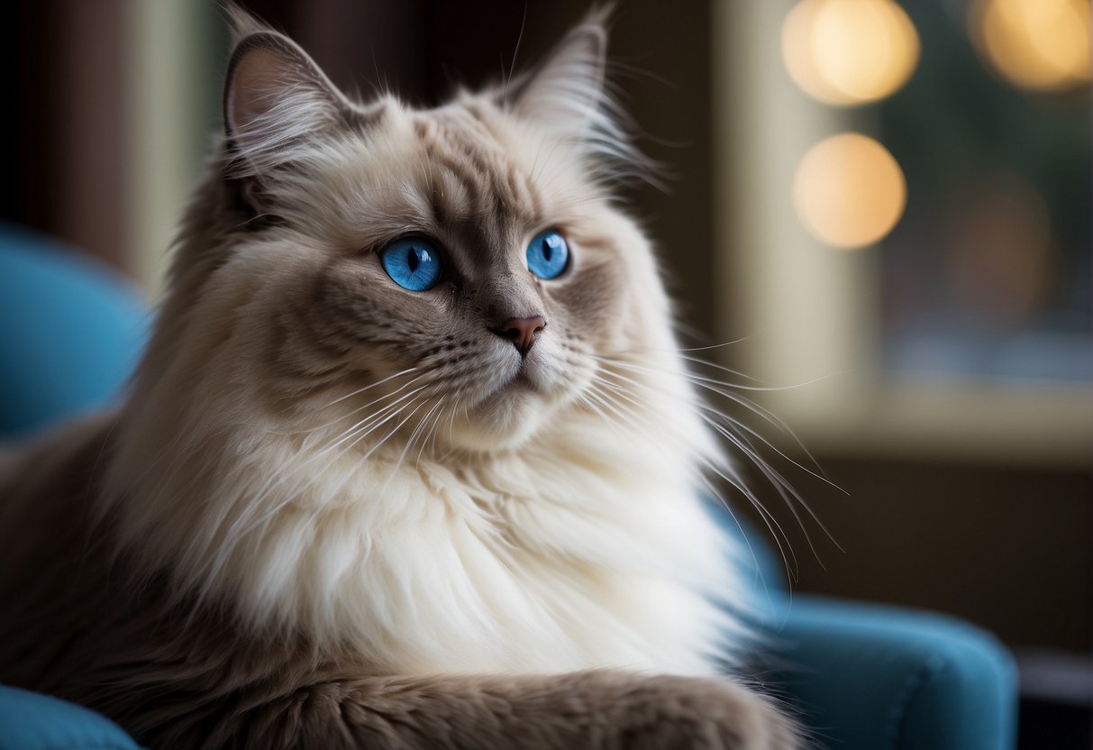 A fluffy ragdoll cat sits regally, with striking blue eyes and a long, luxurious coat. The cat's body is relaxed and floppy, exuding an air of calmness and elegance