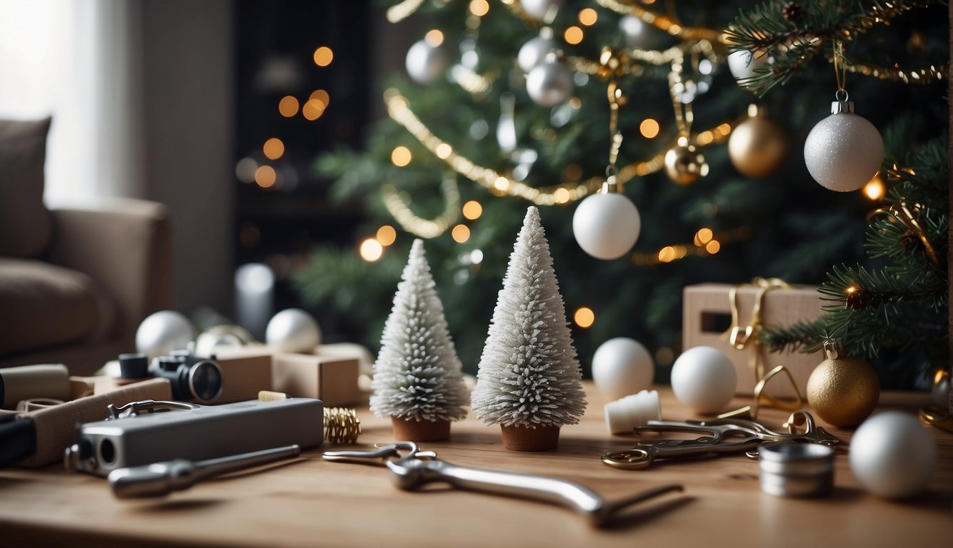 A Christmas tree covered in white flocking, surrounded by DIY tools and materials