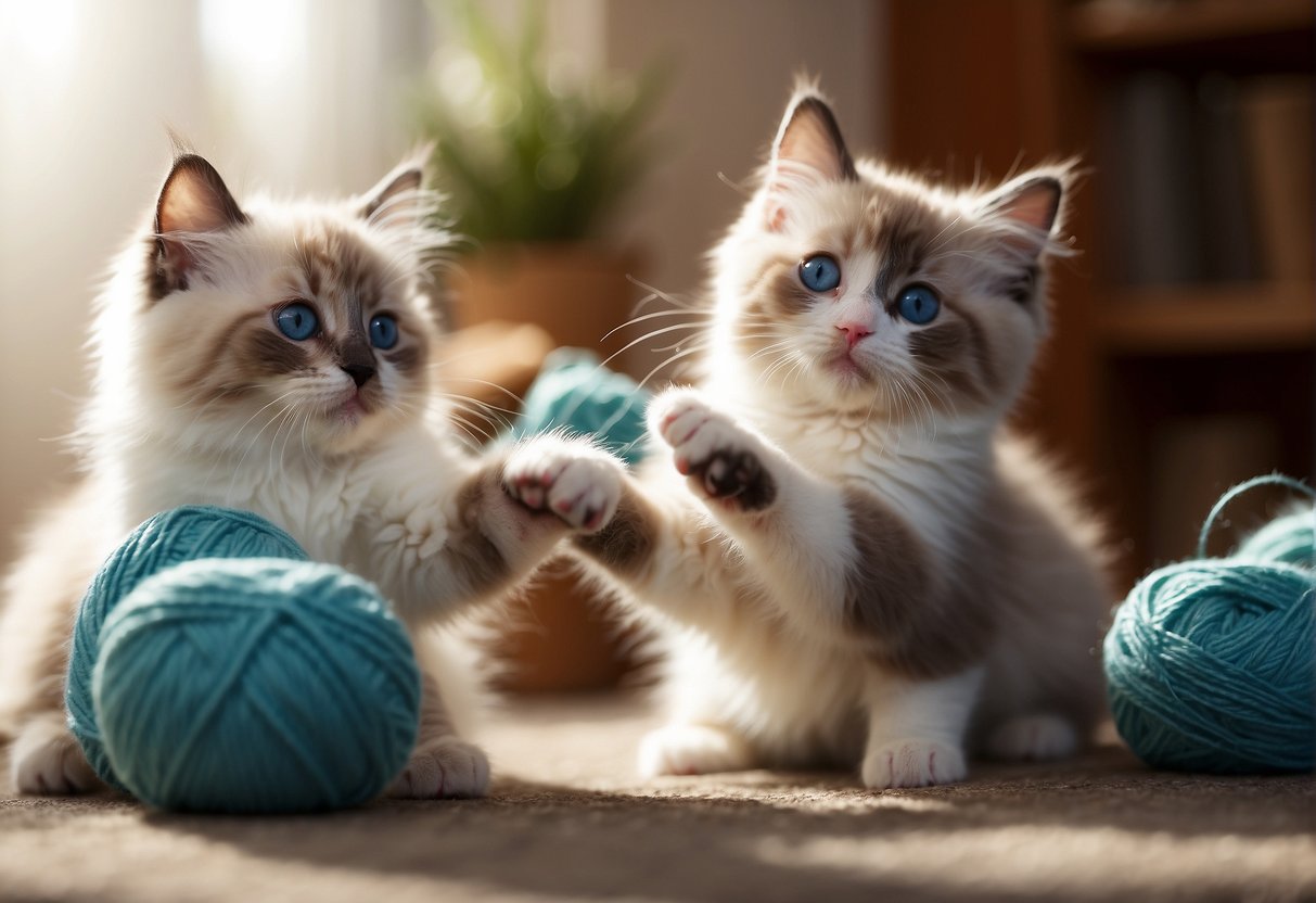 Ragdoll kittens playing in a sunlit room, with fluffy fur and bright blue eyes. They are chasing a ball of yarn and cuddling together in a cozy corner