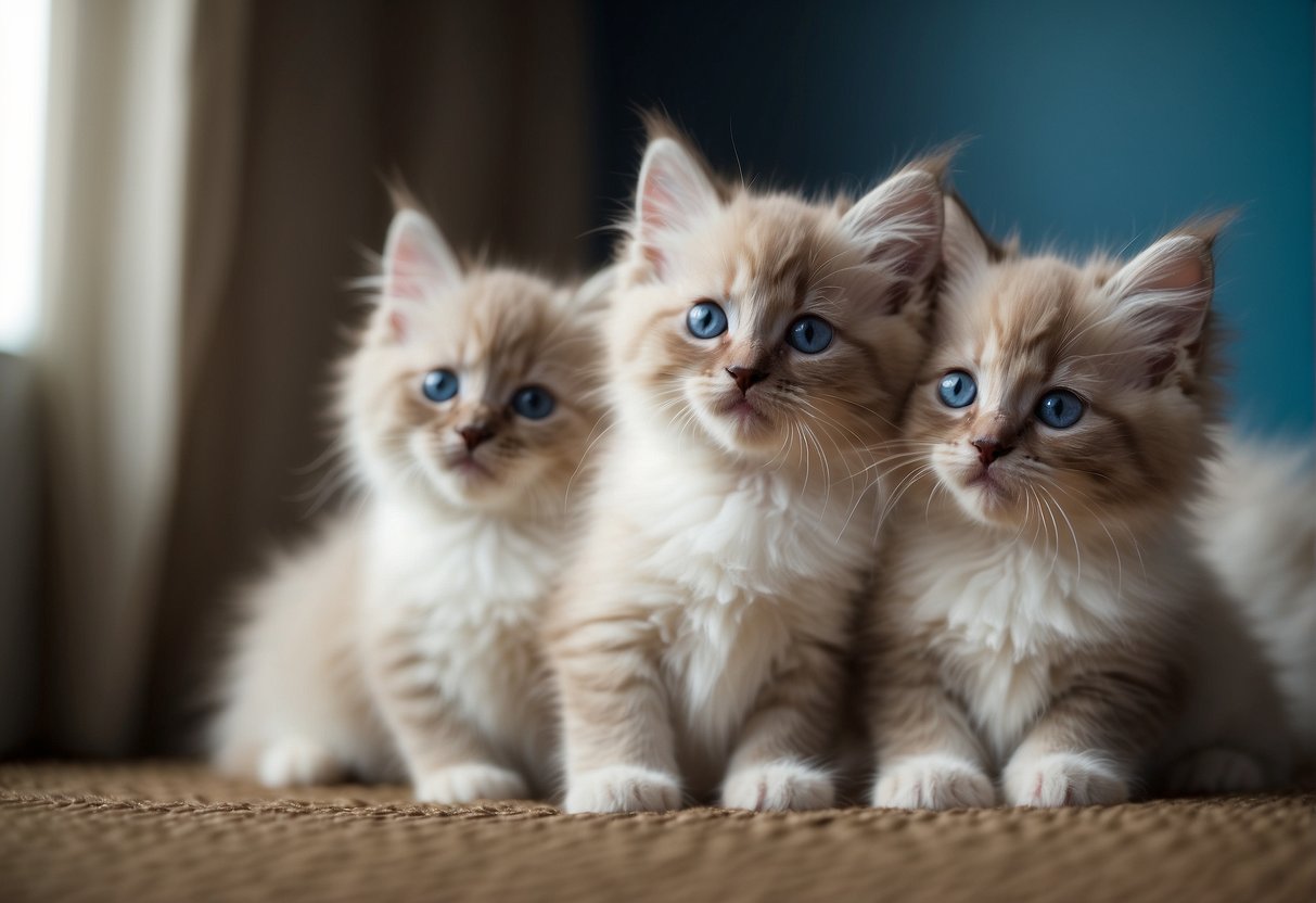 Ragdoll kittens playing in a sunlit room, displaying their affectionate and gentle nature. Fluffy fur, bright blue eyes, and relaxed posture