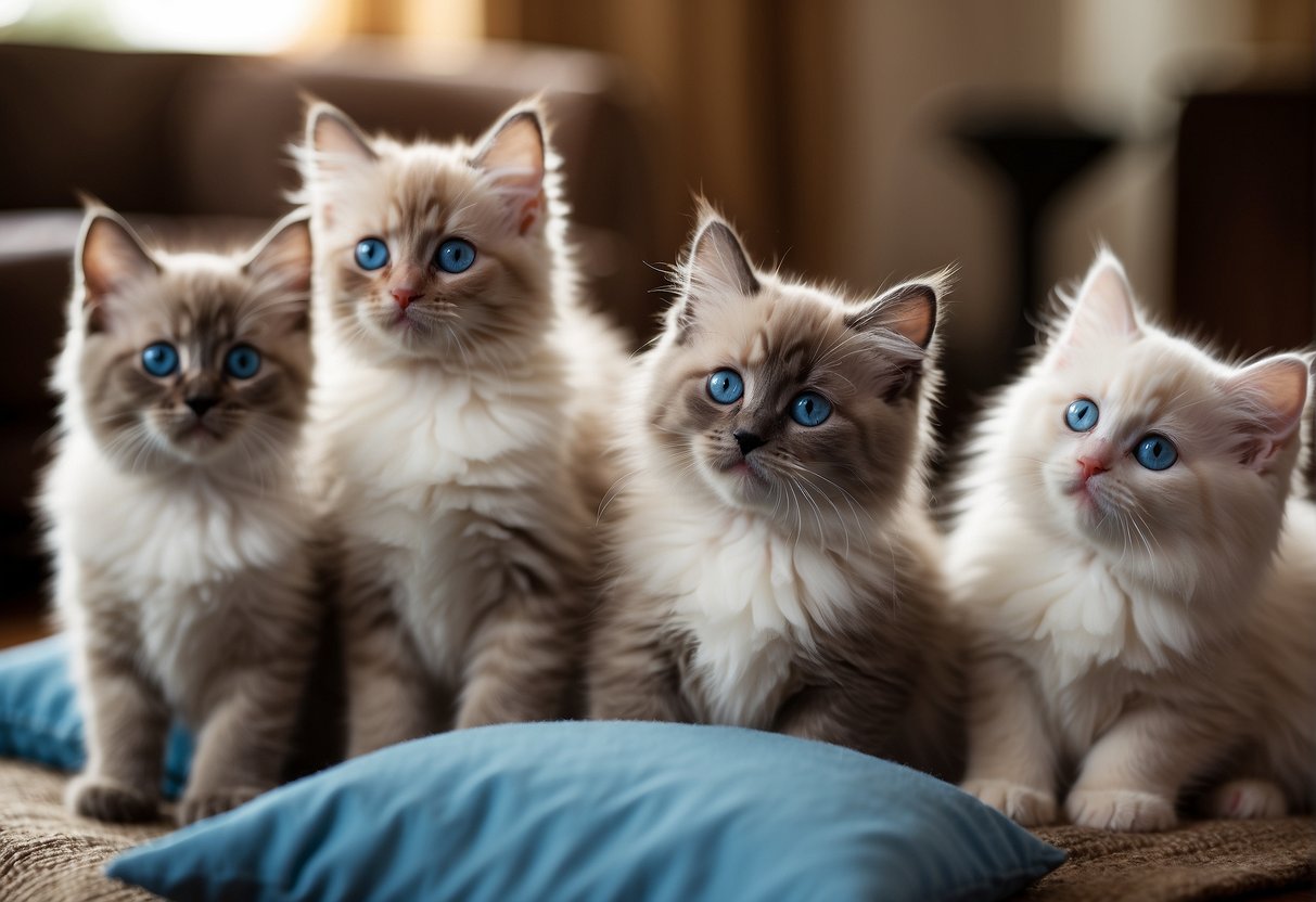A group of playful ragdoll kittens, with striking blue eyes and fluffy fur, lounging in a cozy, sunlit room with plenty of toys and cushions