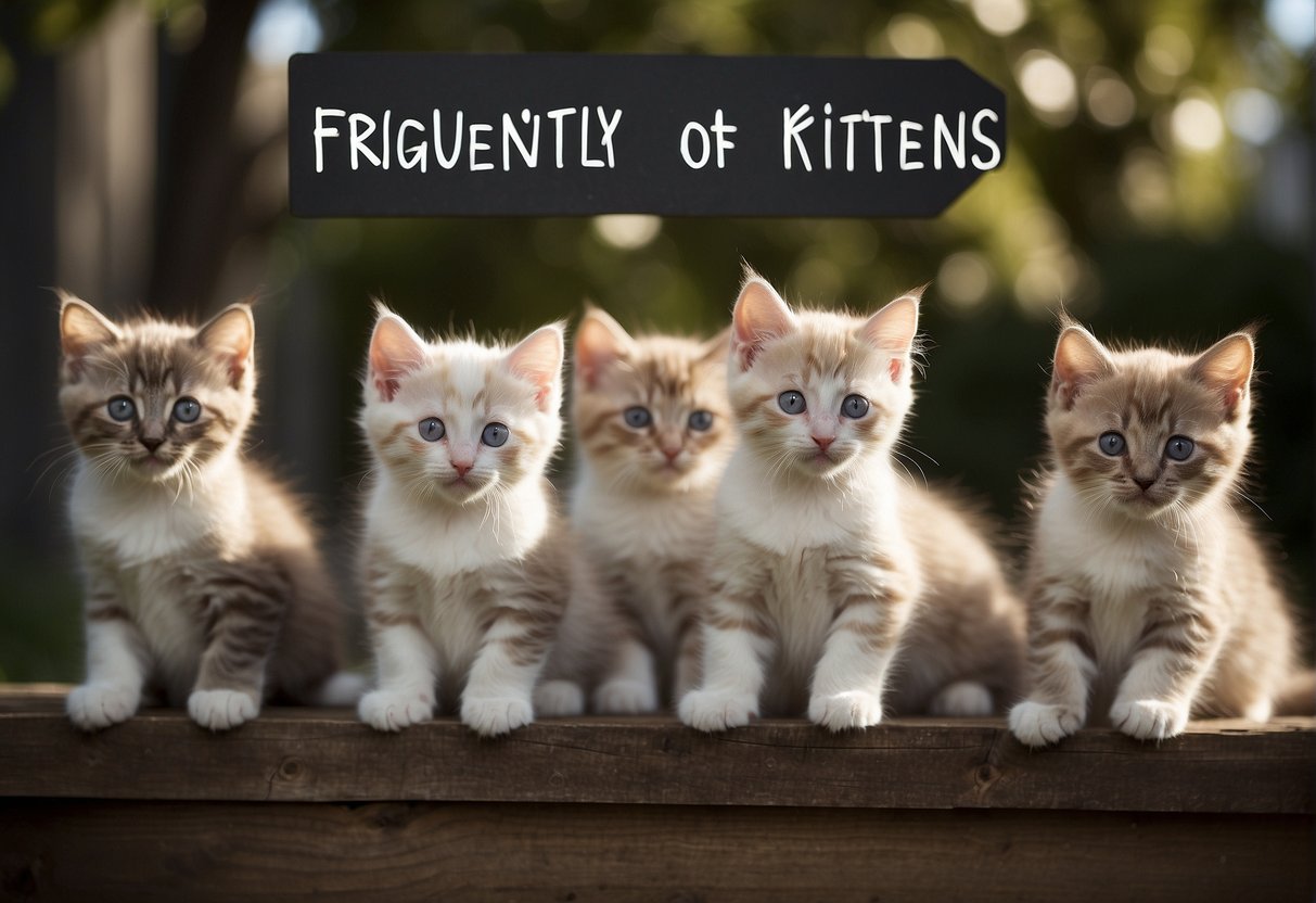 A group of curious kittens surround a sign that reads "Frequently Asked Questions: What are ragdoll kittens?" Their playful and inquisitive expressions are captured as they investigate the query