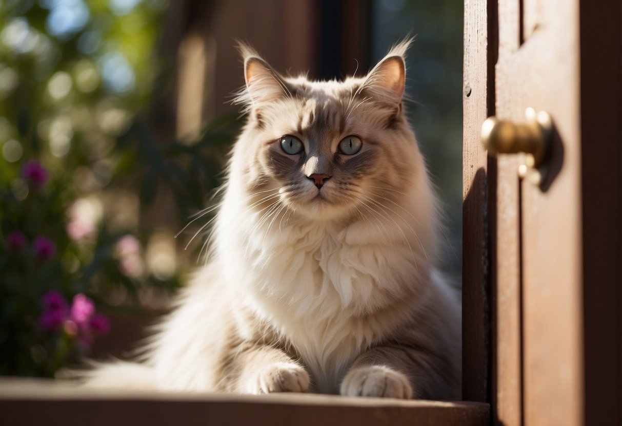 A ragdoll cat sitting by an open door, looking out at the sunny garden
