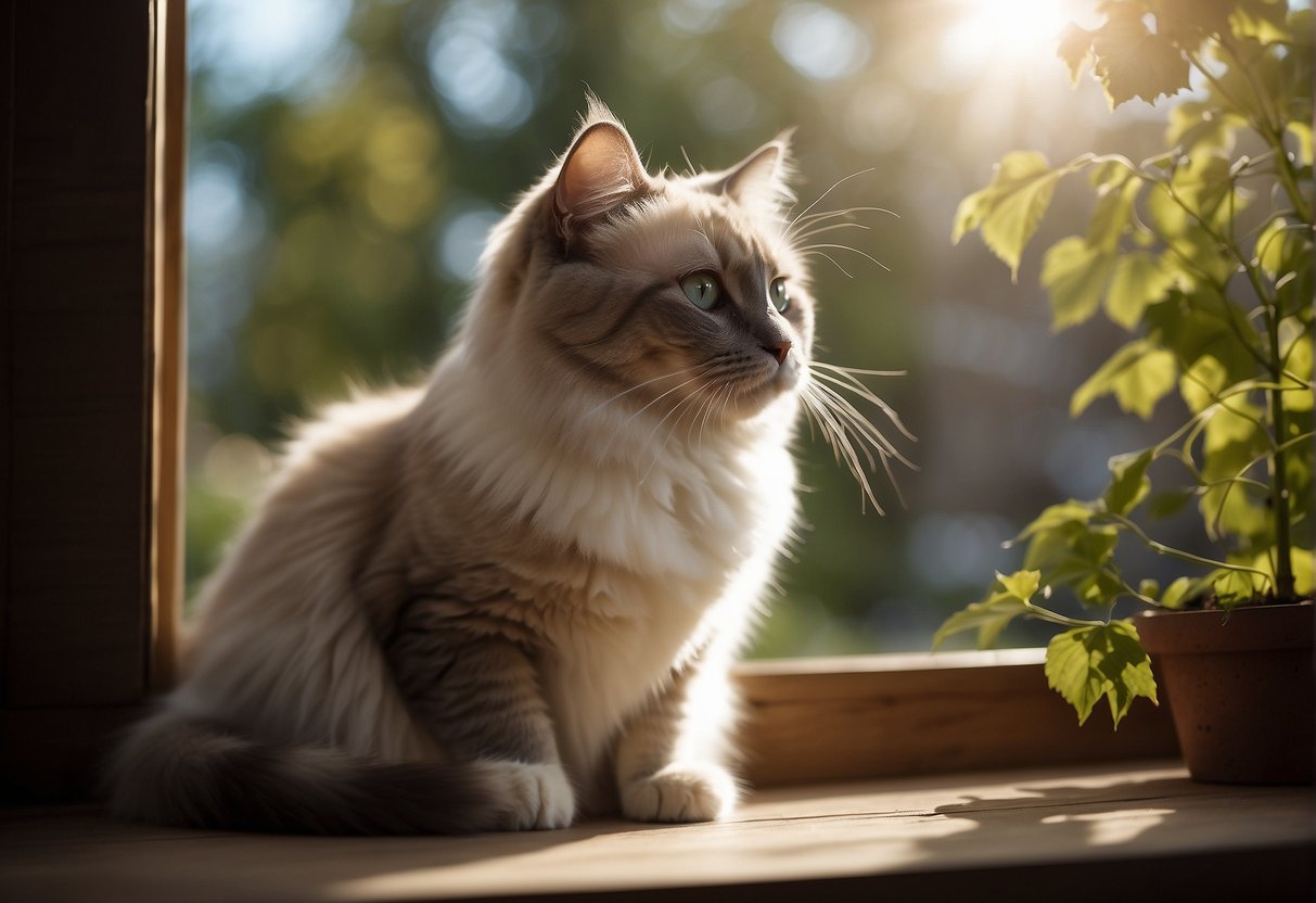 A Ragdoll cat sits by an open window, gazing longingly at the outdoor world. The sun shines, birds chirp, and greenery surrounds the curious feline