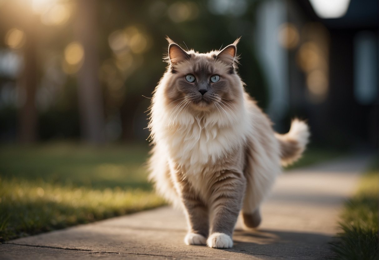 A ragdoll cat walks confidently outside, tail held high, exploring its surroundings with curiosity and grace