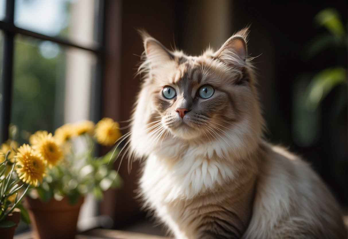 A ragdoll cat sits by an open door, looking out at a sunny garden. Its fluffy fur ruffles in the breeze as it gazes curiously at the outdoors