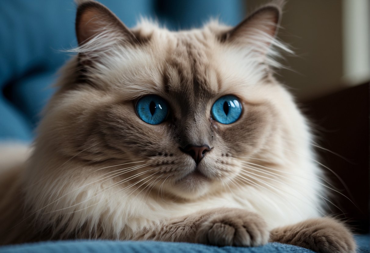 A fluffy, blue-eyed ragdoll cat lounges gracefully on a plush cushion, its long fur flowing around its relaxed form