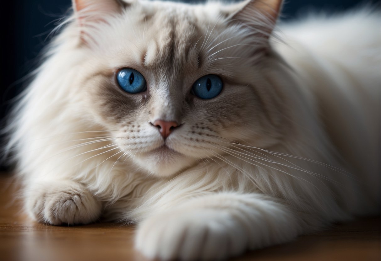 A fluffy ragdoll cat lounges gracefully, with striking blue eyes and a serene expression, showcasing its gentle and affectionate nature