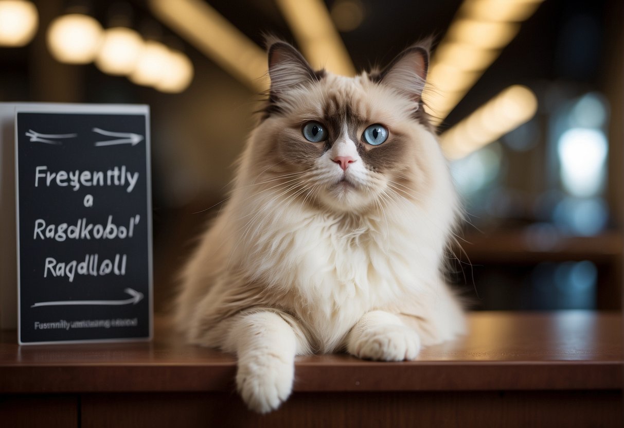 A fluffy ragdoll cat sitting in front of a sign that reads "Frequently Asked Questions: What is a ragdoll cat?" with a curious expression on its face