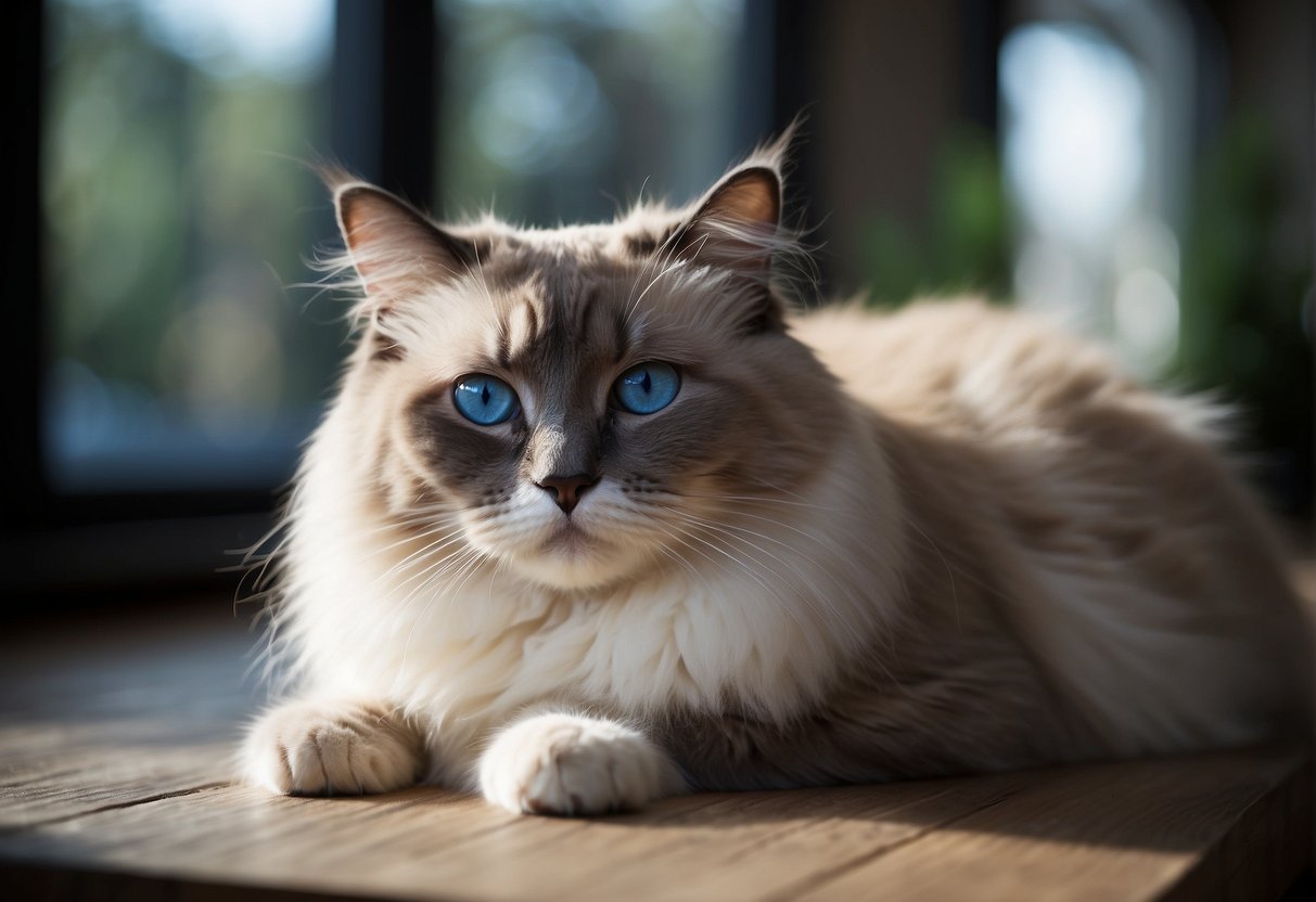 A ragdoll cat can grow to be quite large, with a muscular body, long fluffy tail, and striking blue eyes