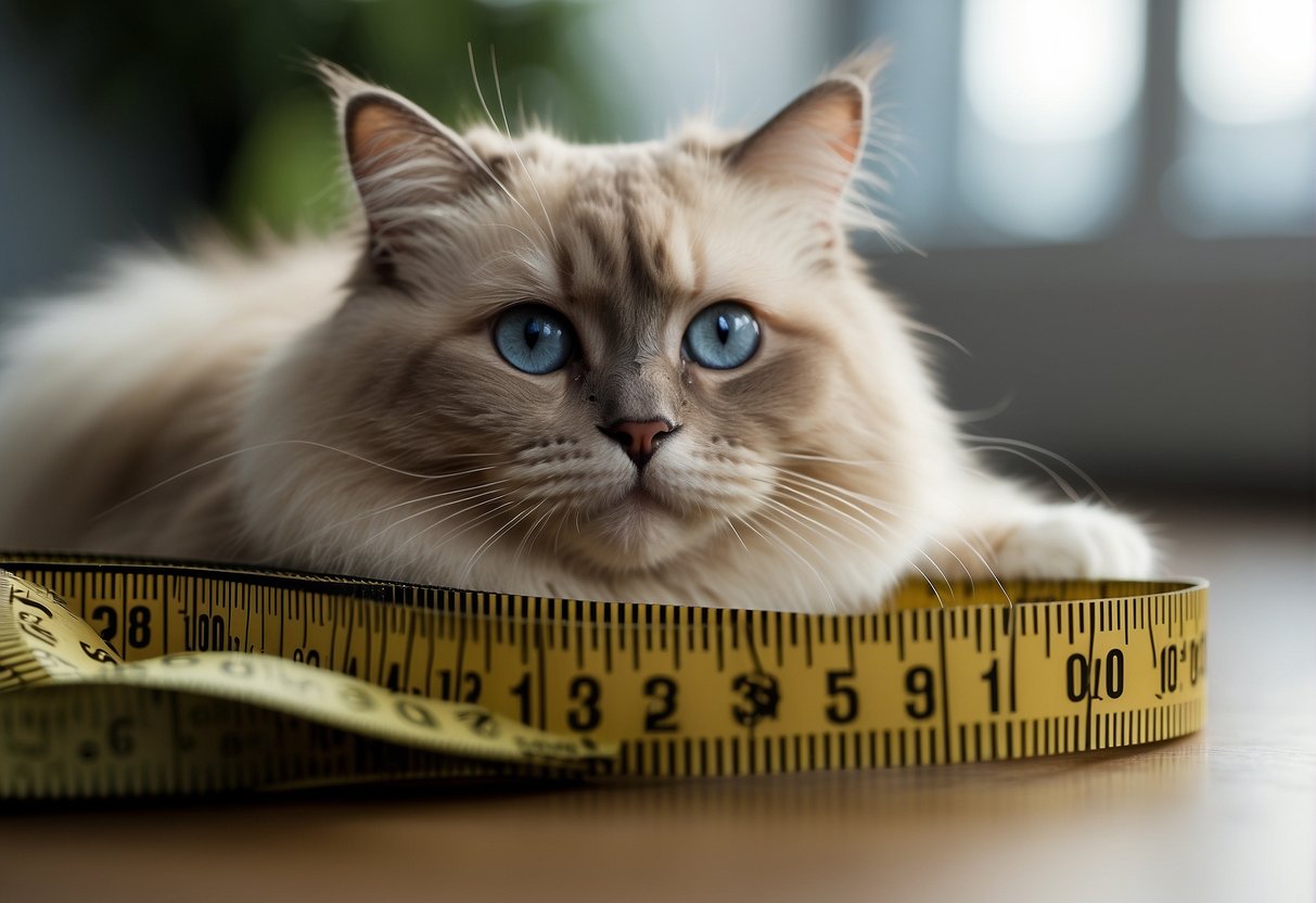 A ragdoll cat sits next to a measuring tape, showing its large size