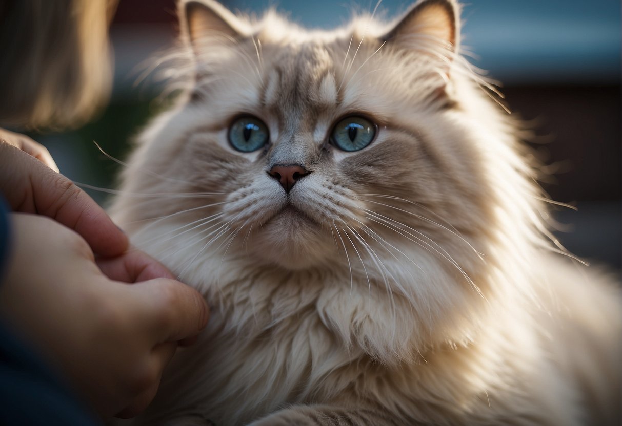 A playful ragdoll cat rubs against a person's leg, purring and looking up with big, friendly eyes