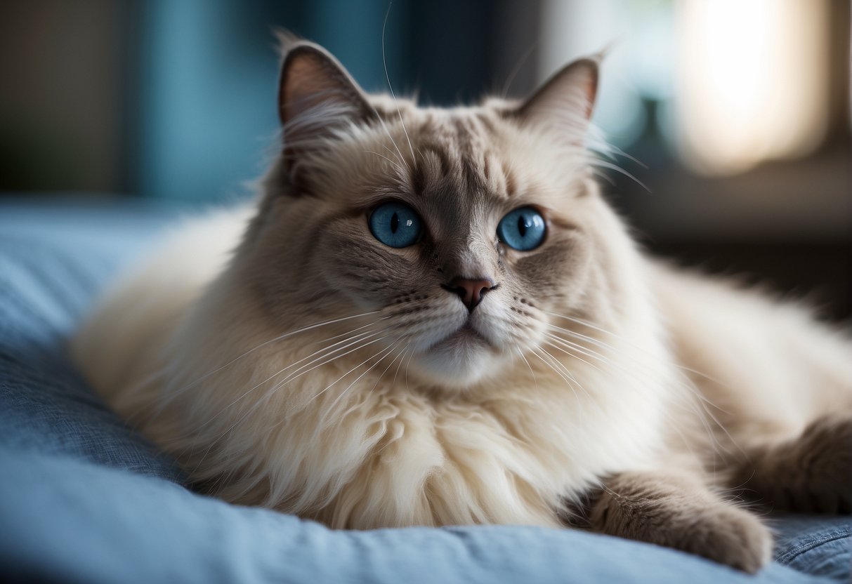 A Ragdoll cat lounges contentedly on a soft pillow, its blue eyes gazing serenely ahead. Its fluffy fur cascades in gentle waves, exuding an aura of calm and approachability