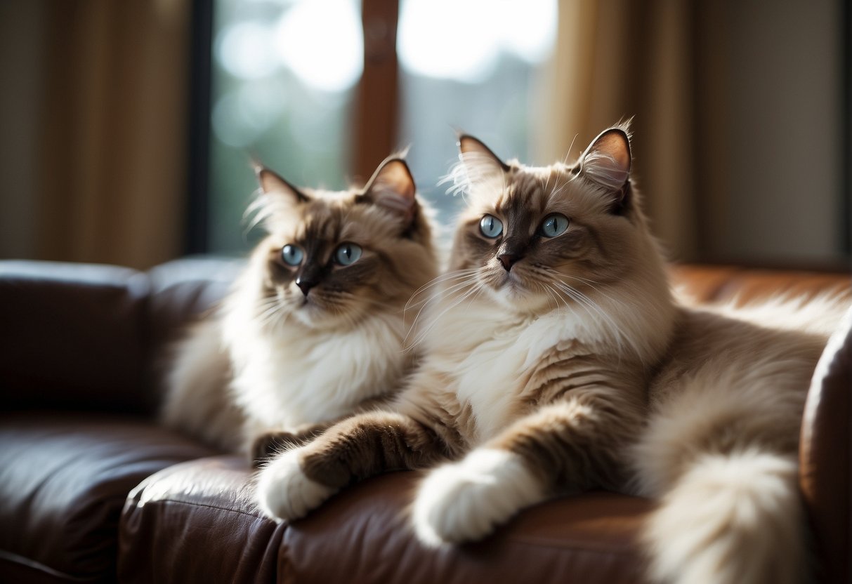 Ragdoll cats lounging on a cozy sofa, their fluffy tails draped over the armrest. One gazes lazily out the window, while another playfully bats at a dangling toy