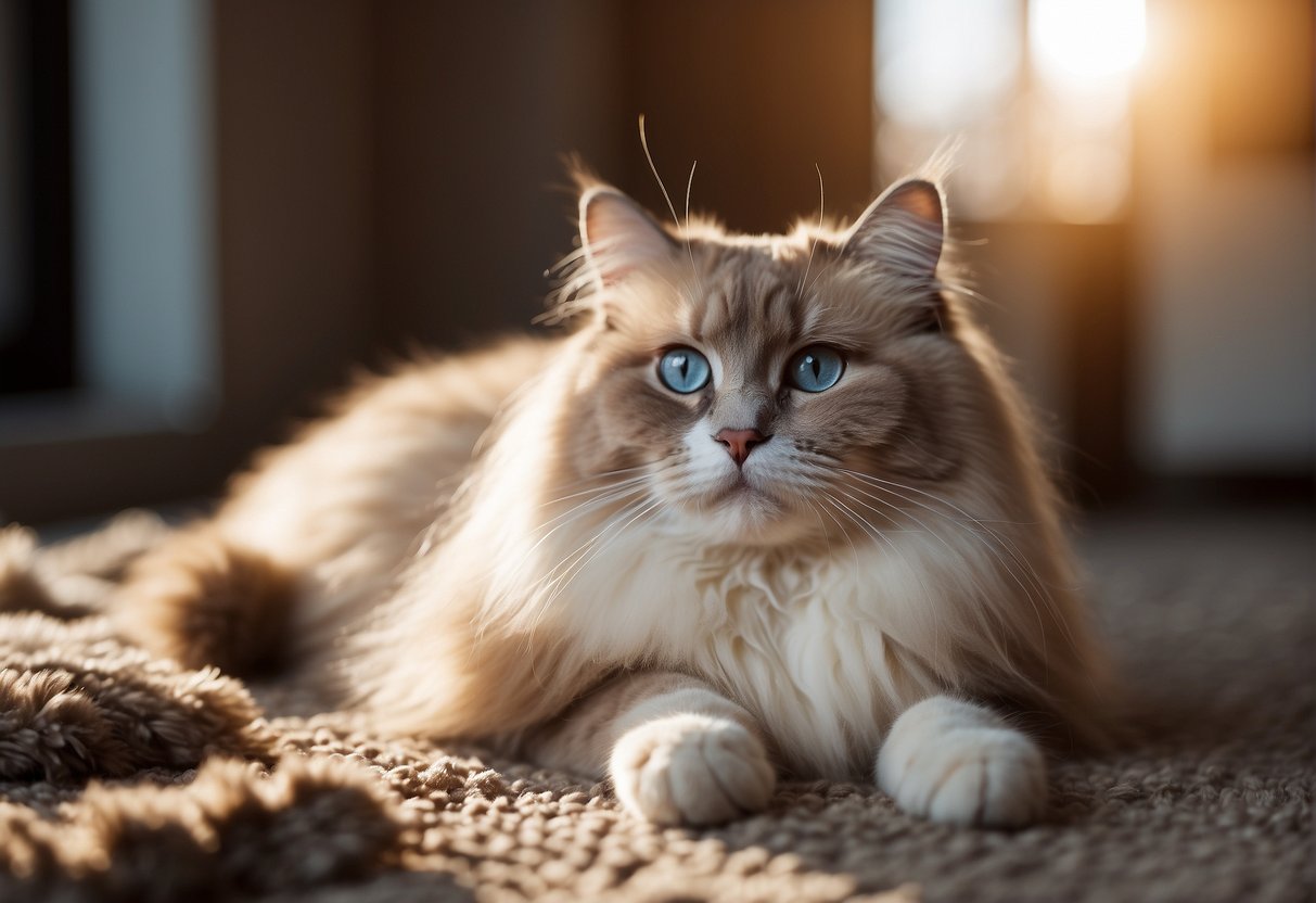 A fluffy ragdoll cat sits on a plush carpet, surrounded by tufts of fur. Sunlight streams through a nearby window, highlighting the shedding fur