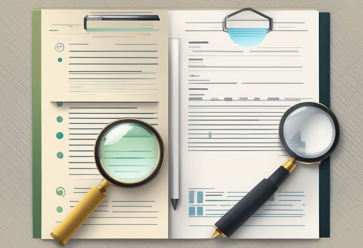 A signature and a rubric are being compared side by side, with a magnifying glass highlighting the differences in their details