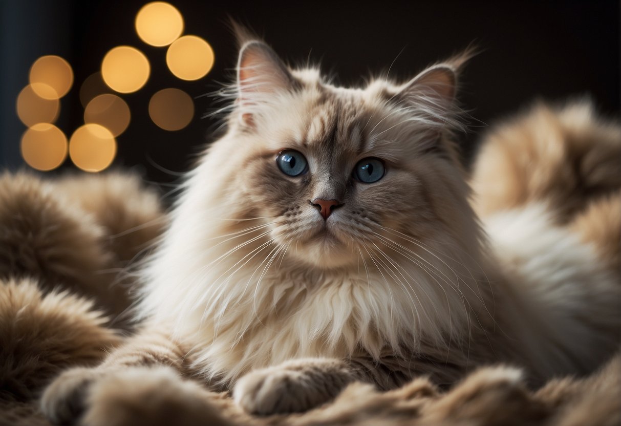 A fluffy ragdoll cat sits surrounded by piles of fur, shedding profusely. The cat's serene expression contrasts with the scattered fur